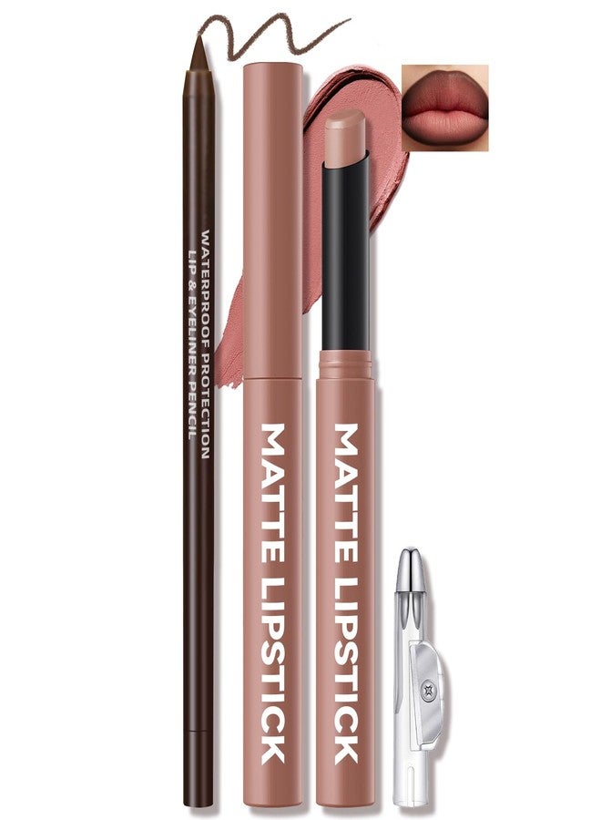 Noerrors 2PCS Gradient Lip Liner and Lipstick Lip Combo Set for Women, Brown Plumping Lip Liner Pencil & Nude Matte Lip Balm, Waterproof Long-Lasting Smudge-Proof Velvet Lip Makeup Kit for beginner - Image 1